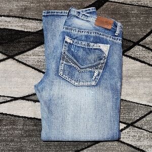 AXE & CROWN EMBROIDERED SLIM-FIT SHORT STRAIGHT LEG DISTRESSED DENIM JEAN